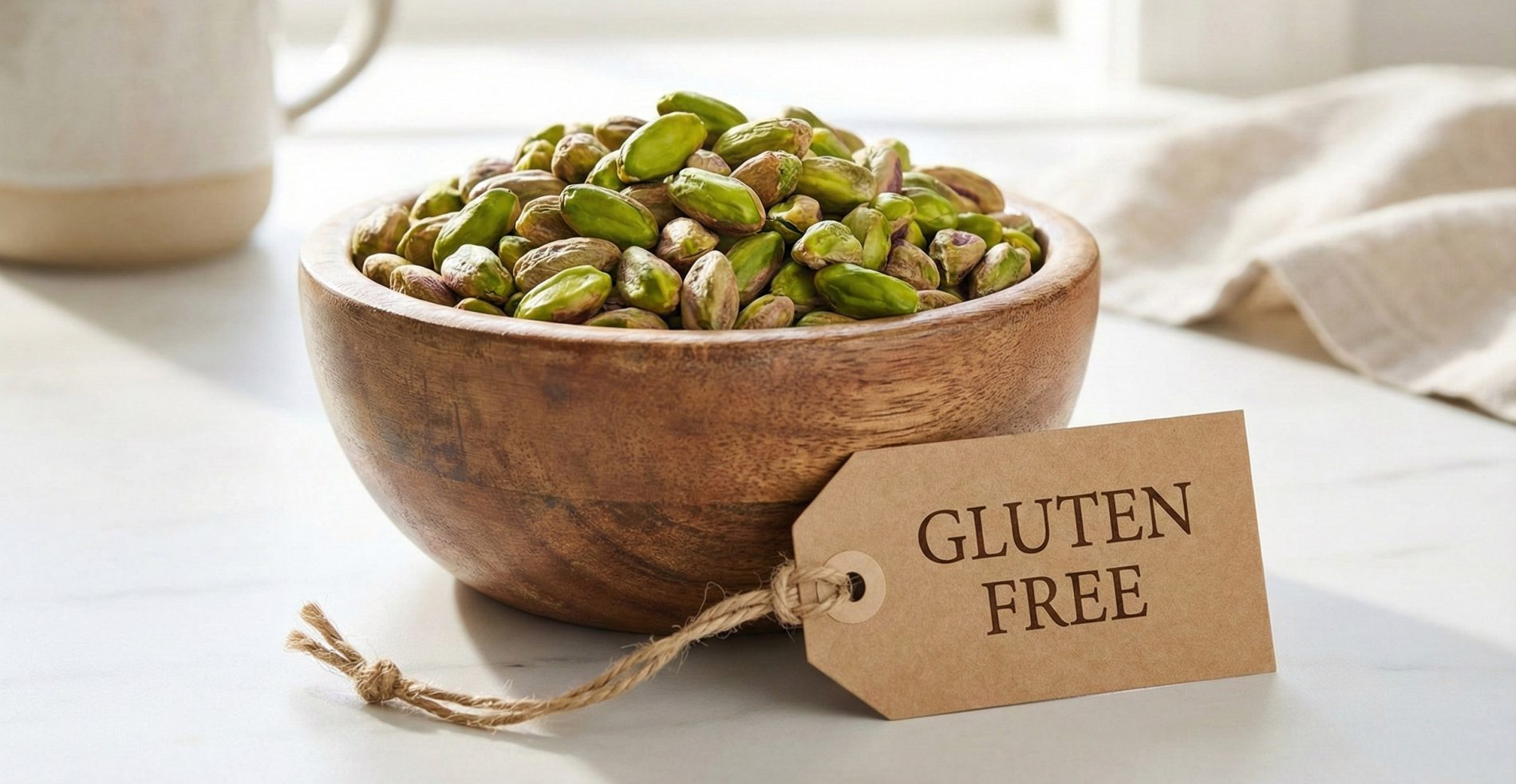 Mermer zemin üzerinde glütensiz (gluten free) etiketiyle sunulan taze Antep fıstığı kasesi, antep fıstığı gluten içerir mi