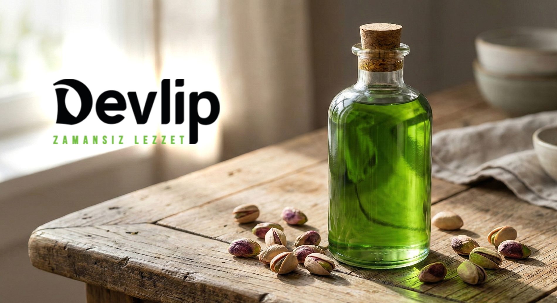 Ahşap masa üzerinde cam şişede zümrüt yeşili rengiyle duran doğal yağ ve yanında taze boz iç fıstıklar; antep fıstığı yağı nasıl yapılır ve faydaları nelerdir konulu blog görseli.