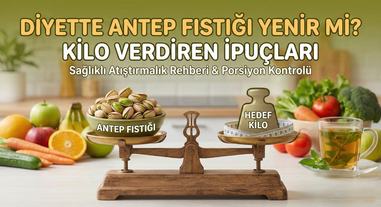 Diyet yaparken Antep fıstığı yemenin faydaları; mutfak tezgahında bir kase kabuklu Antep fıstığı, mezura ve taze sebzelerle hazırlanmış sağlıklı atıştırmalık konsepti.