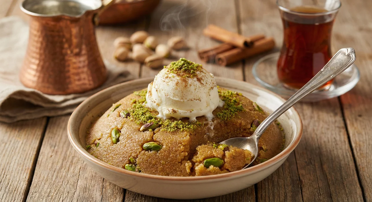 Ahşap bir masa üzerinde, seramik kase içinde dumanı tüten, bol Antep fıstıklı irmik helvası; üzerinde bir top vanilyalı dondurma, toz fıstık ve tarçın serpilmiş halde. Yanında bir kaşık, Türk çayı ve bakır cezve bulunuyor.